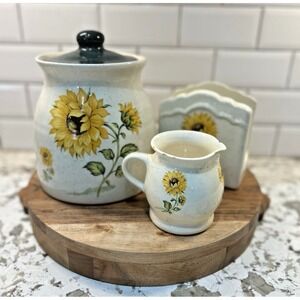 Sunflower Kitchen Decor Set- Canister Napkin Holder Cream - HANDMADE‎ Country